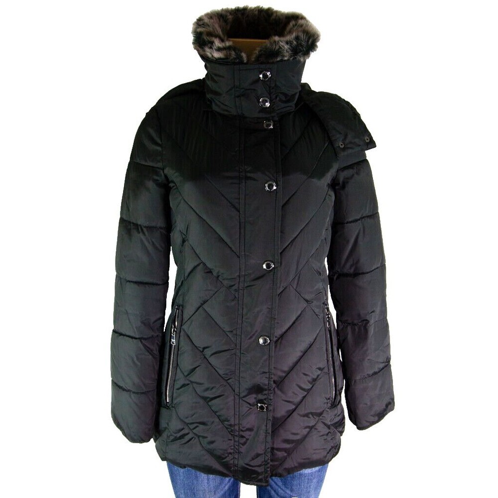 London Fog Maxi Puffer Coat Womens XXS Black Down Fill Long Hooded Faux Fur Trim